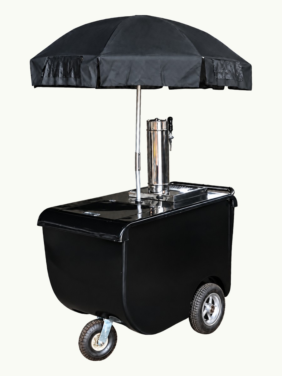 Carrinho de chope com torre resfriada a gelo e guarda-sol